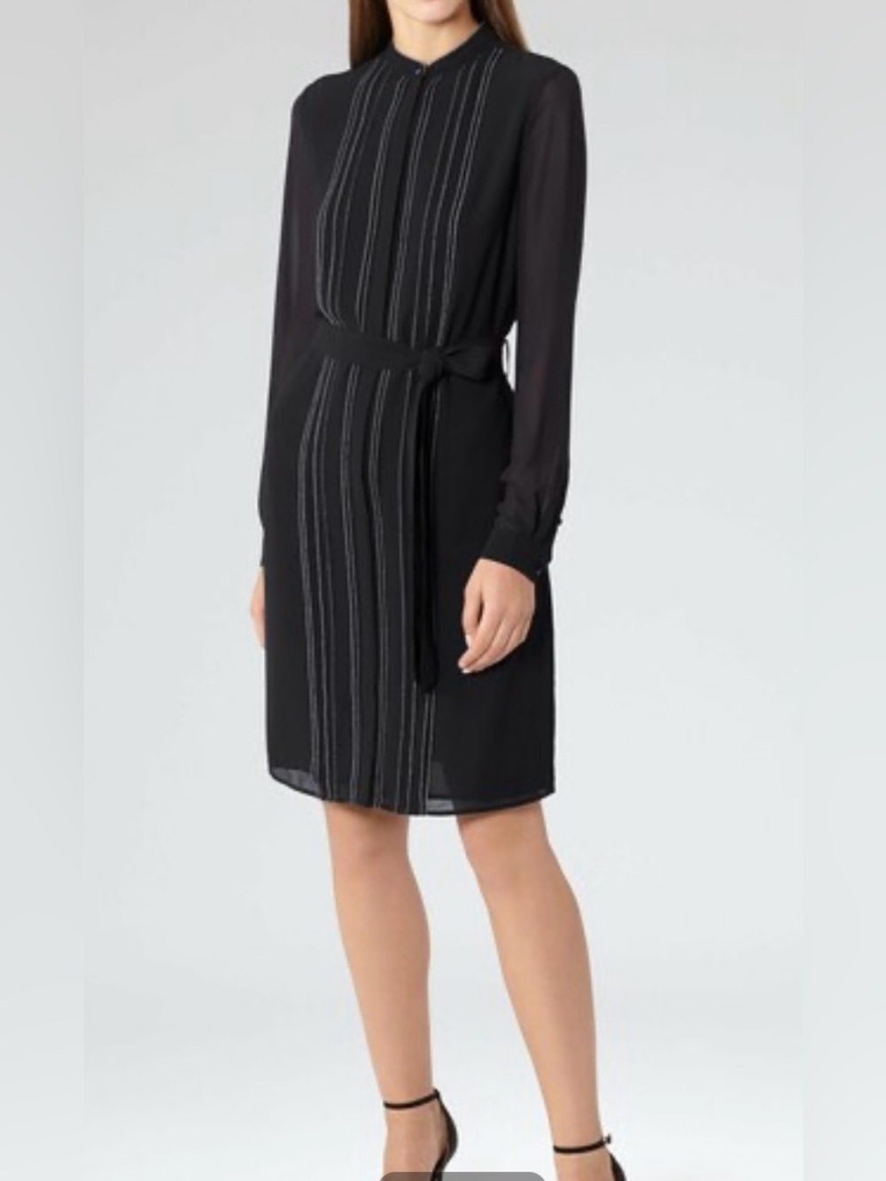 Reiss Cairn Black Long Sleeve Shift Belted Button Dress Sz 6